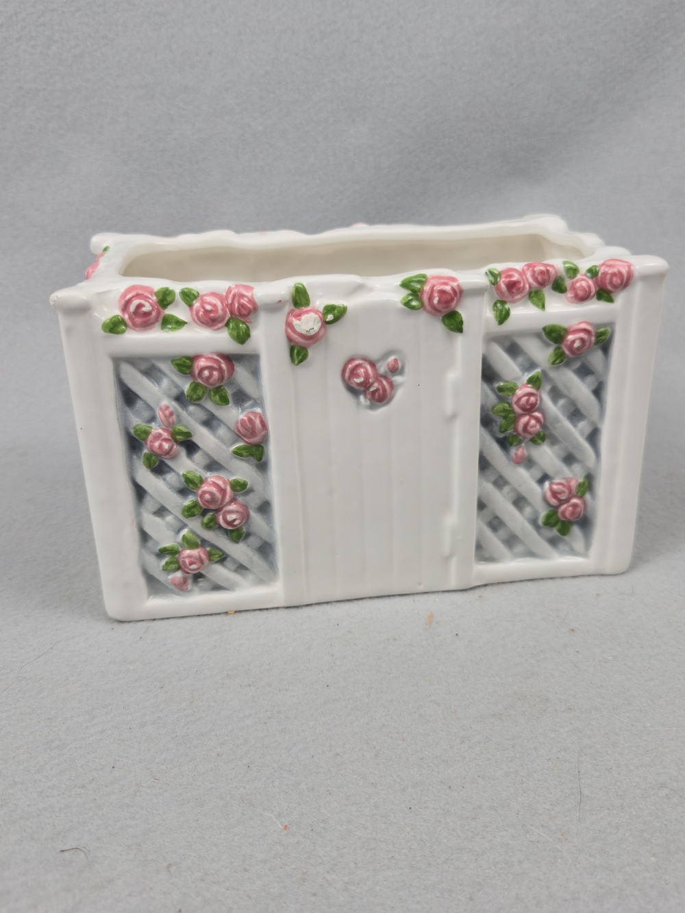 Vintage NAPCO White Ceramic Garden Gate Lattice Planter with Pink Roses Cottage